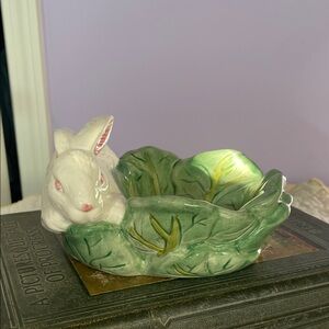 Ceramic Rabbit and Leaf Decorative Bowl - Green and White